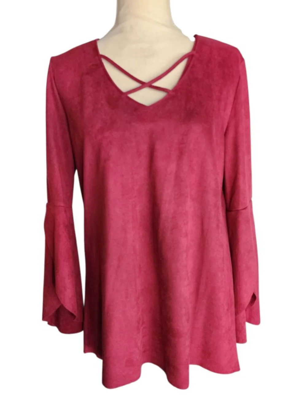 Joh Womens Burgundy Faux Suede Bell Sleeve Tunic Top M Keyhole Crisscross Blouse